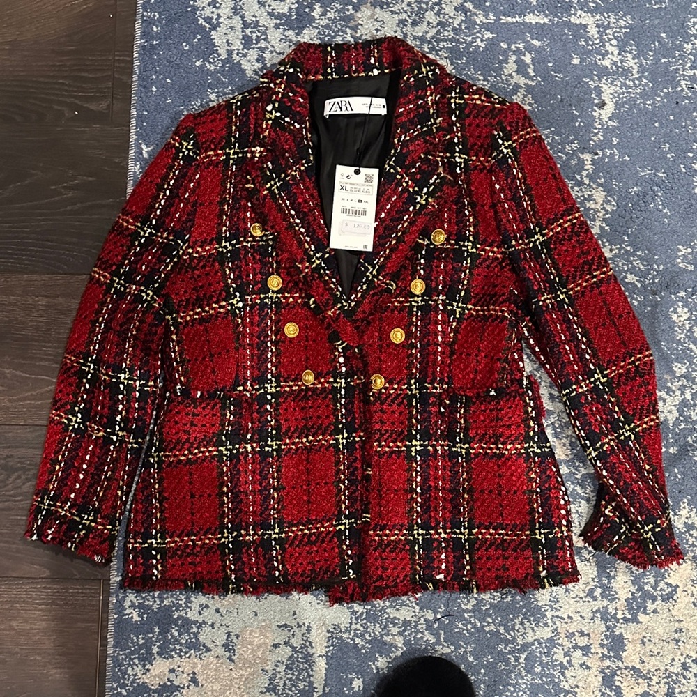 Zara Women's Red and Black Plaid Blazer